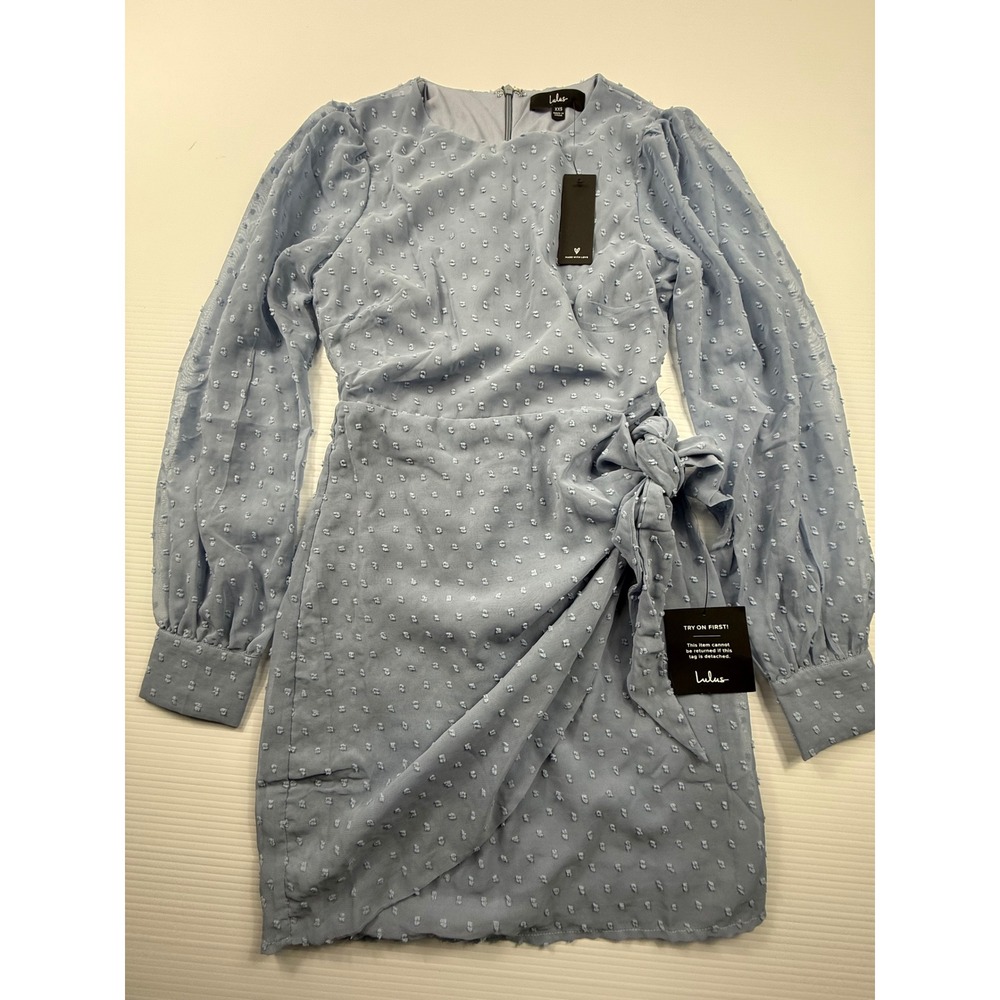 Lulus Light Blue Swiss Dot Long Sleeve Wrap Mini Dress XXS New With‎ Tags